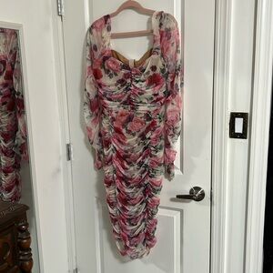 Ruched mesh roses long sleeve midi dress XL